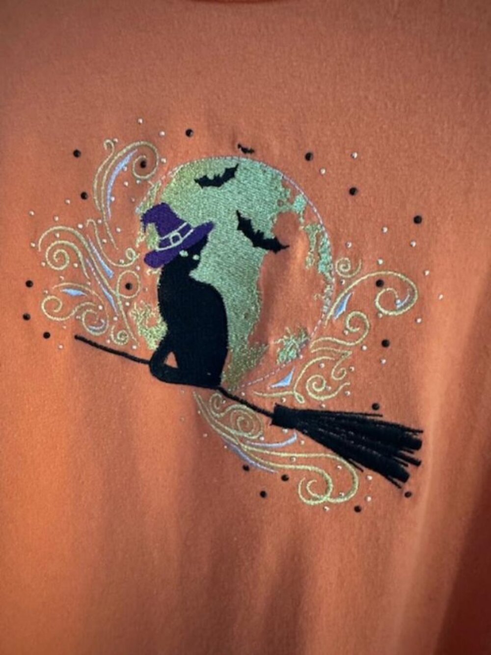 erika Halloween Top Black Cat Witch on Broom 2X Orange Long Sleeve Beaded Tee